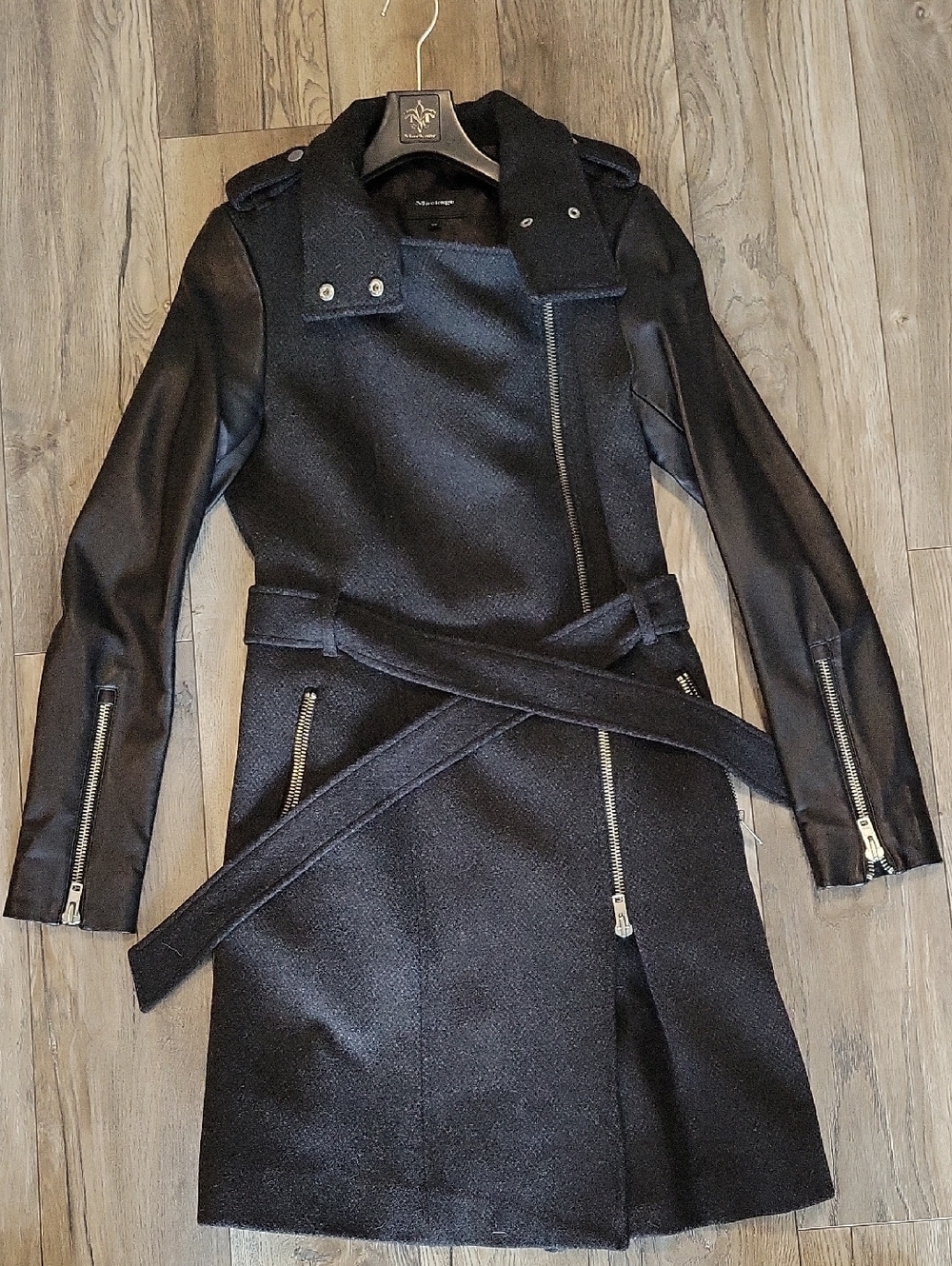 Mackage Black Trench Coat with Leather Sleeves